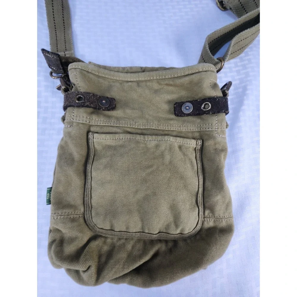 TSD Brand Forest Crossbody Messenger Bag Tan Canvas Brown‎ Leather Trim